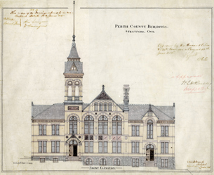 Colour blueprint of the Front Elevation of the County Courthouse by George F. Durand, 1885 courtesy of  Western University Archives & Special Collections