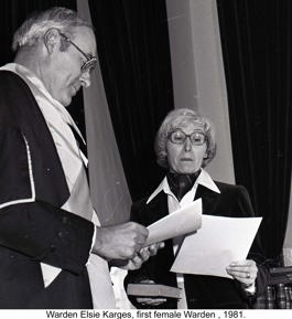 Black and white photograph of Warden Elsie Karges, first female warden. 1981