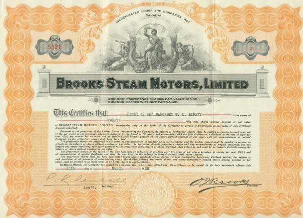 Brooks Steam Car Stock Certificate