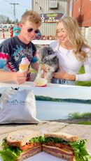 Couple and dog eating ice-cream sandwich