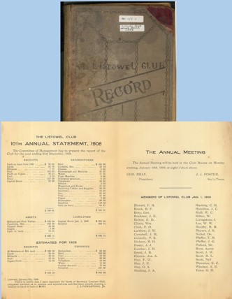 Photo of the Listowel Club Minute Book and an excerpt from the book
